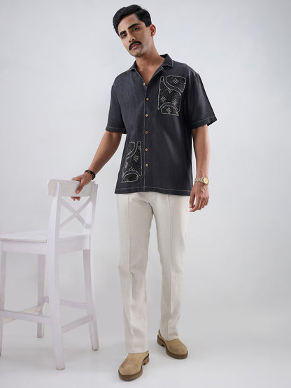Black Denim Kantha Patchwork Shirt