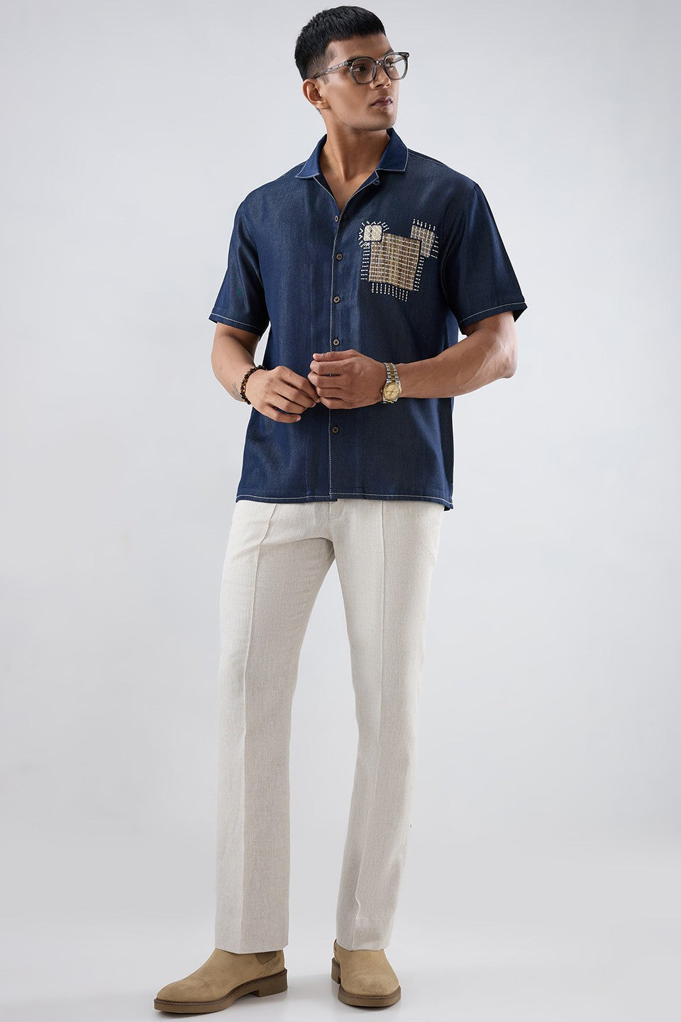 Dark Blue Denim Midnight Mosaic Patchwork Shirt