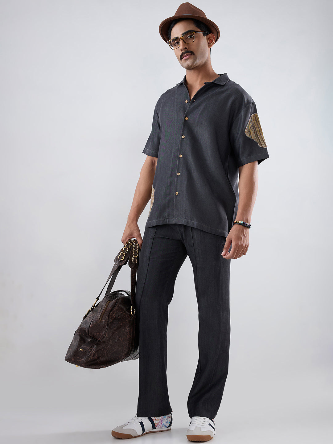 Black Denim Artisanal Patchwork Shirt