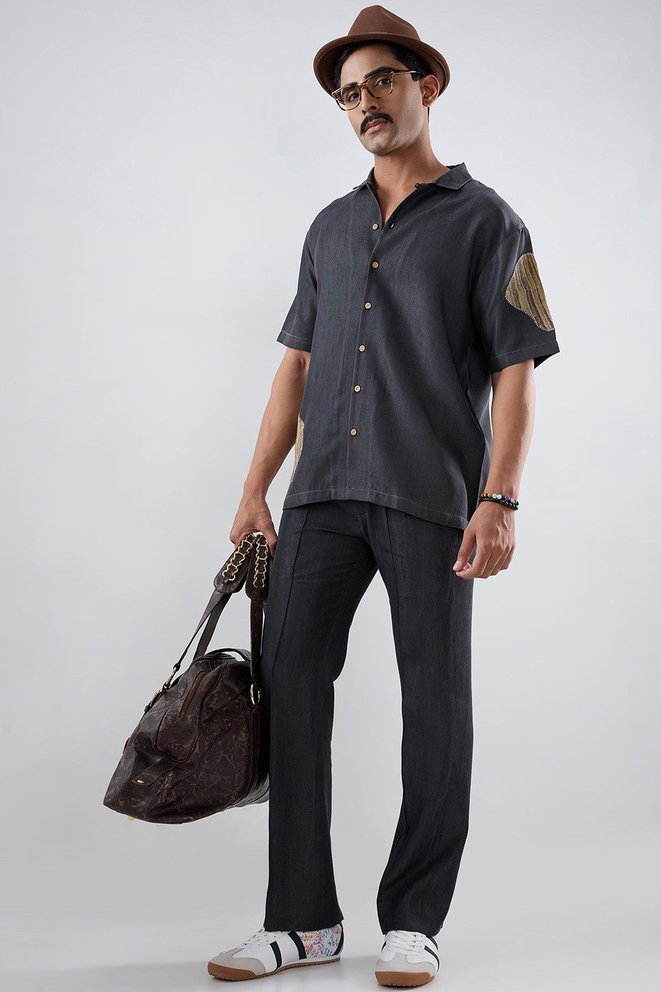 Black Denim Artisanal Patchwork Shirt