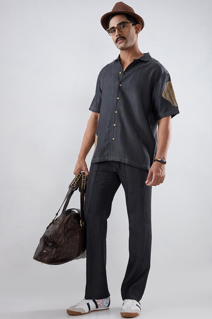 Black Denim Artisanal Patchwork Shirt