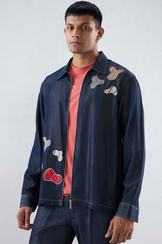 Dark Blue Denim Grid Zipper Patchwork Shacket