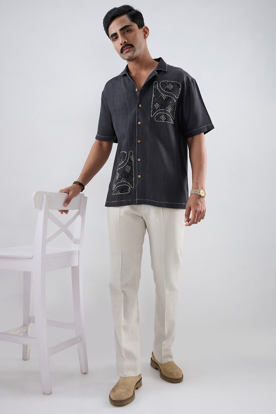 Black Denim Kantha Patchwork Shirt