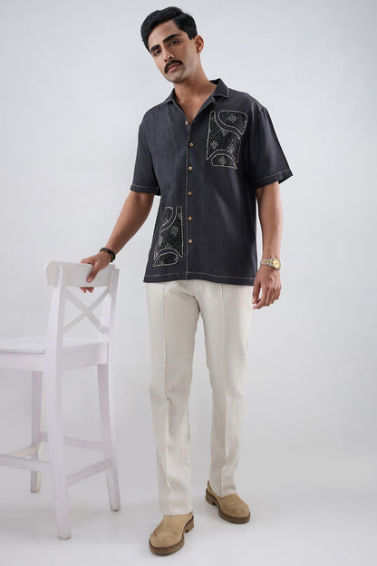Black Denim Kantha Patchwork Shirt