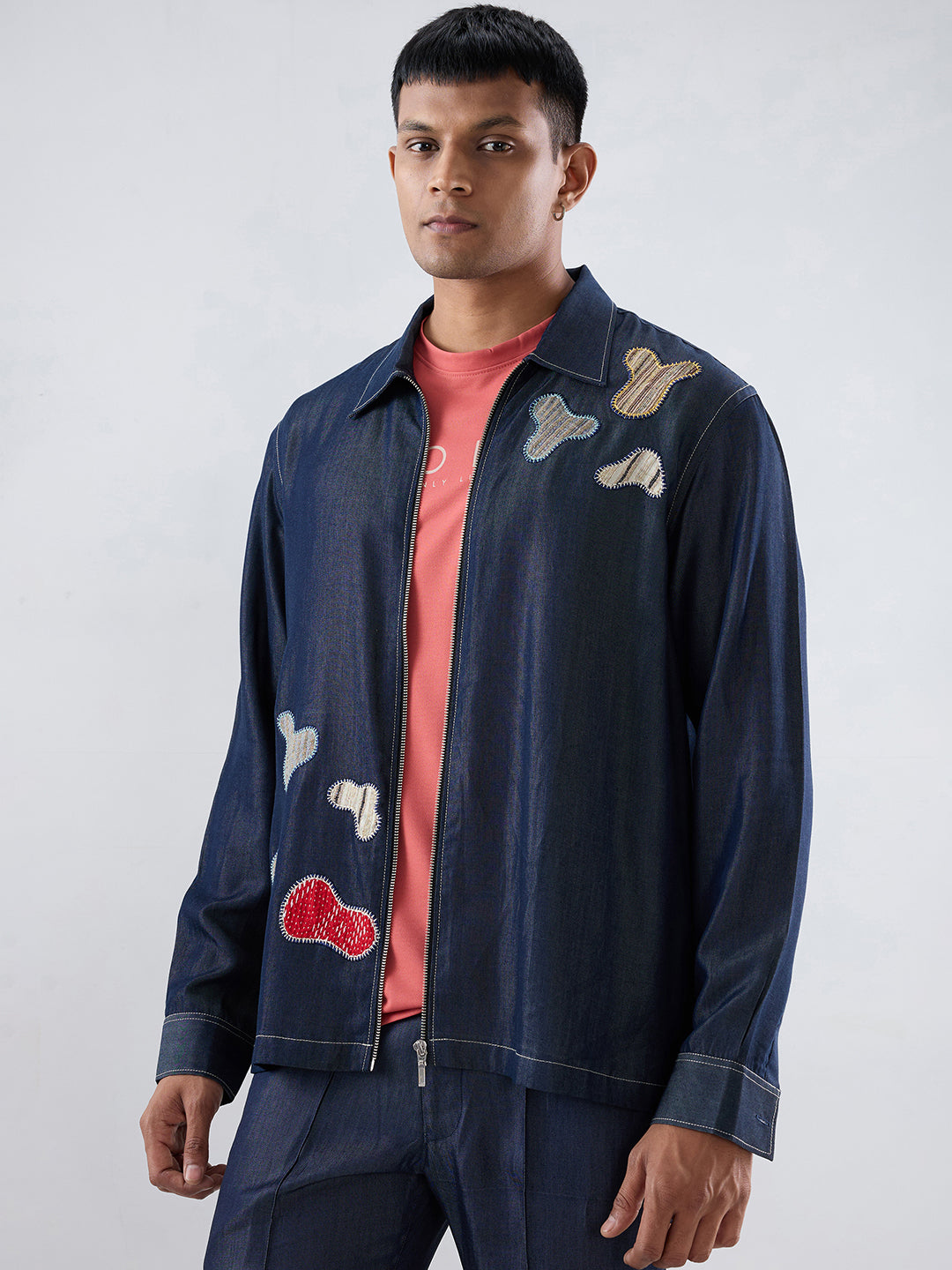 Dark Blue Denim Grid Zipper Patchwork Shacket