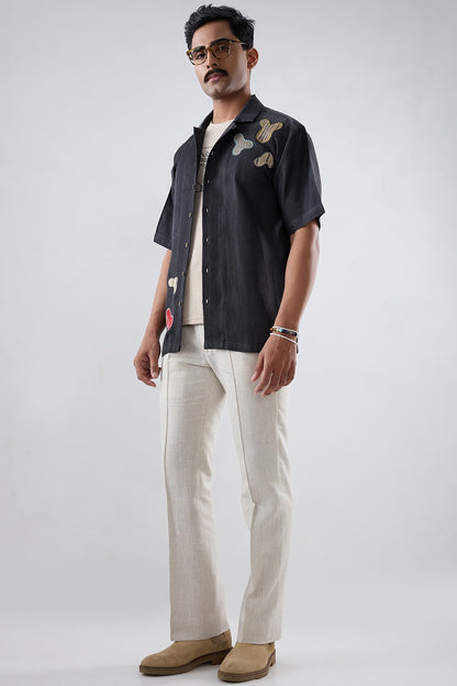 Black Denim Grid Patchwork Shirt