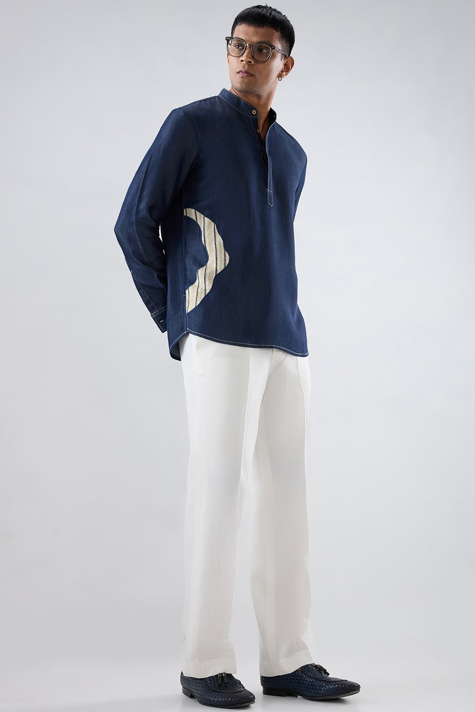 Dark Blue Denim Asymmetric Patchwork Kurta Shirt