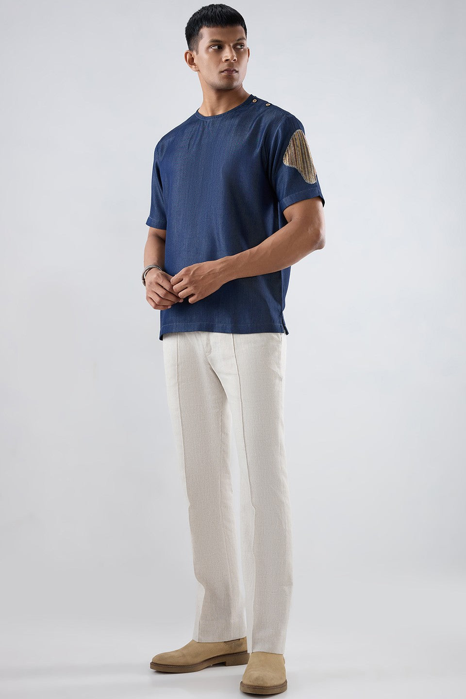 Dark Blue Denim Artisanal Patchwork T-shirt
