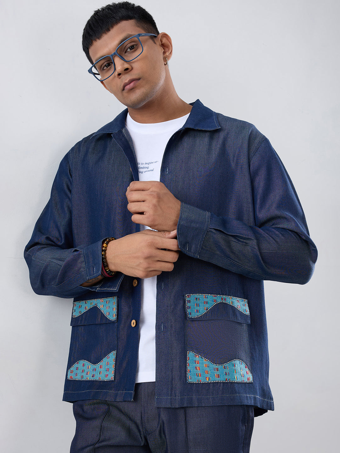 Dark Blue Denim River Flow Patchwork Shacket