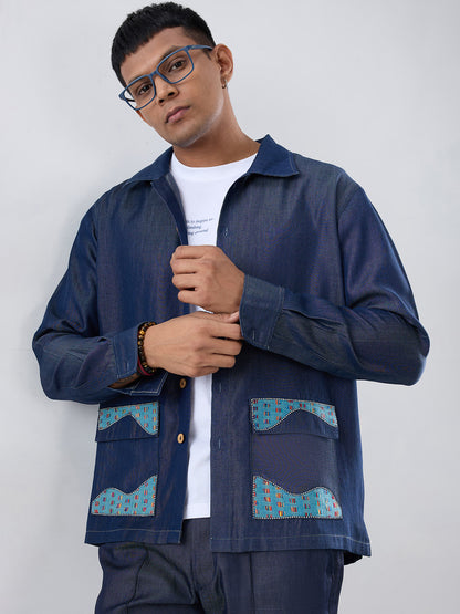 Dark Blue Denim River Flow Patchwork Shacket