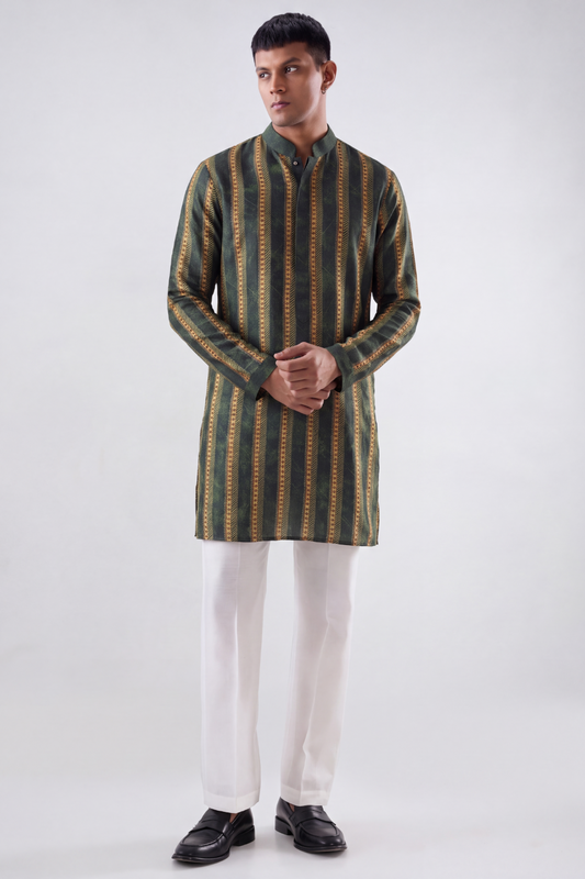 Olive Green Linear Silk Kurta