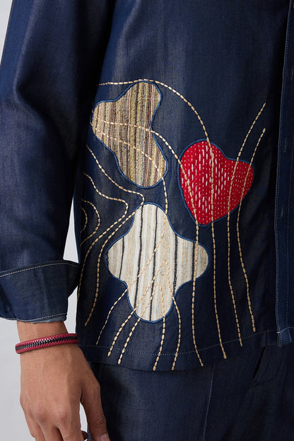 Dark Blue Denim Rust Panel Patchwork Shacket