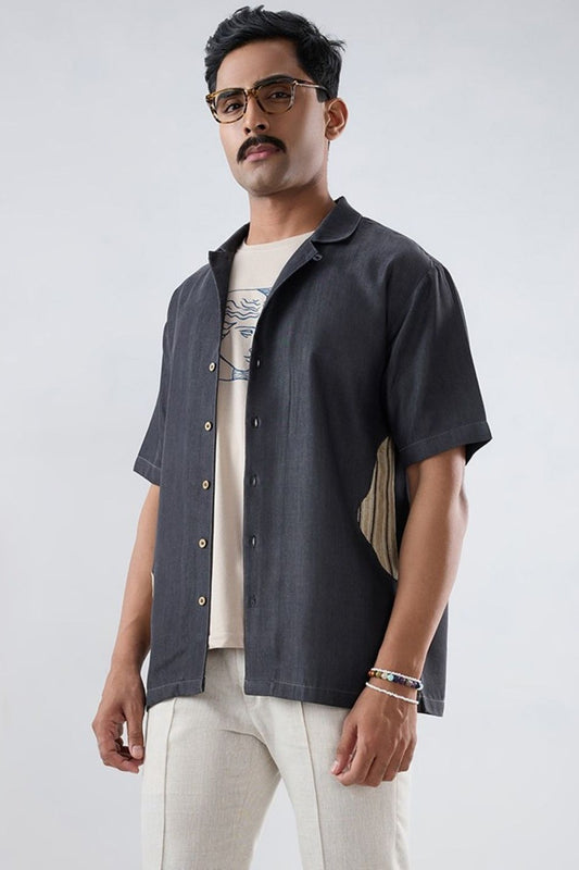 Black Denim Asymmetric Patchwork Shirt