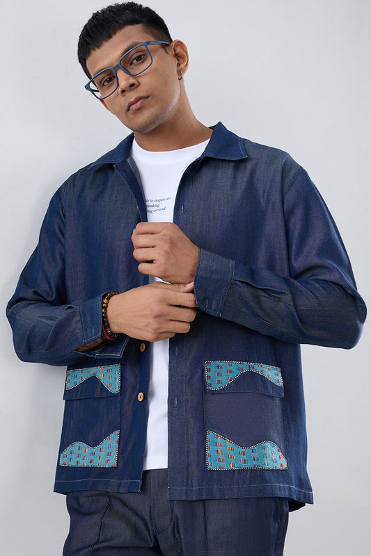 Dark Blue Denim River Flow Patchwork Shacket