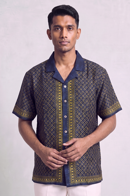 Blue Mosiac Silk Cuban Collar Shirt