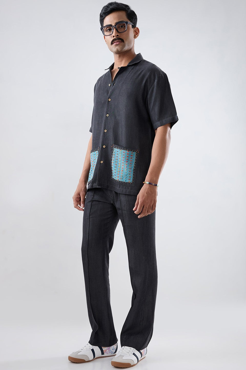Black Denim Pocket Patchwork Shirt