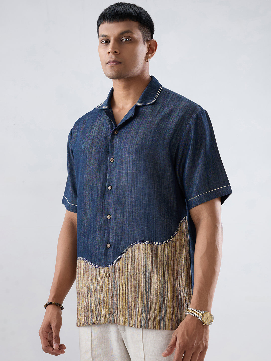 Dark Blue Denim Urban Patchwork Shirt