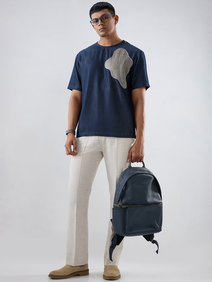 Dark Blue Denim Abstract Patchwork T-shirt