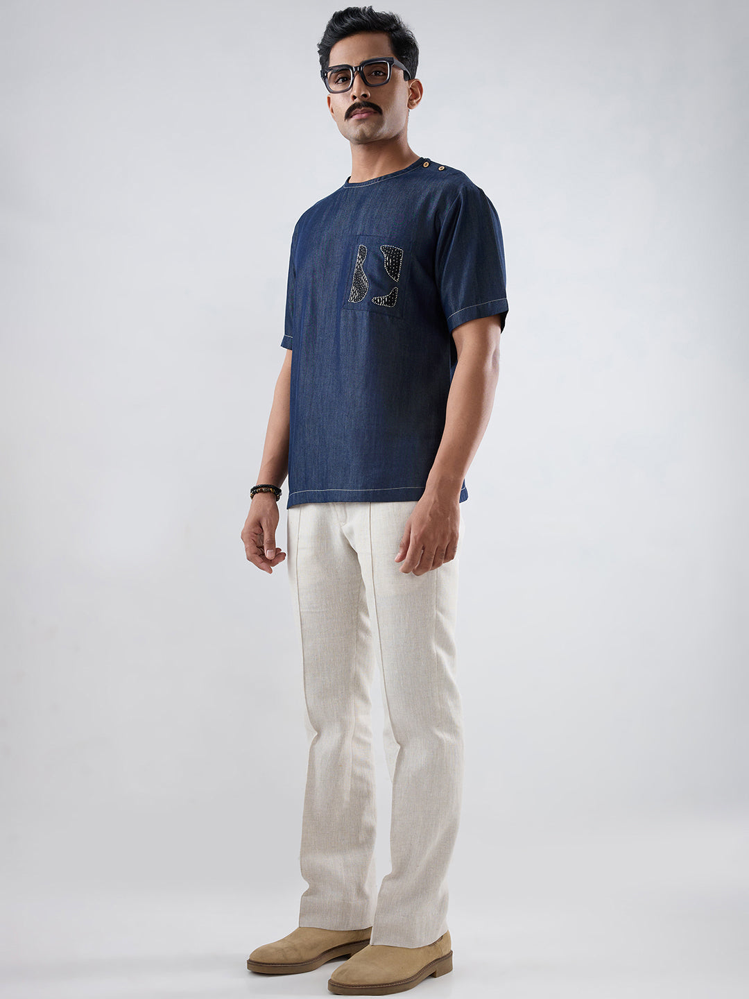 Dark Blue Denim Kantha Patch Pocket T-shirt