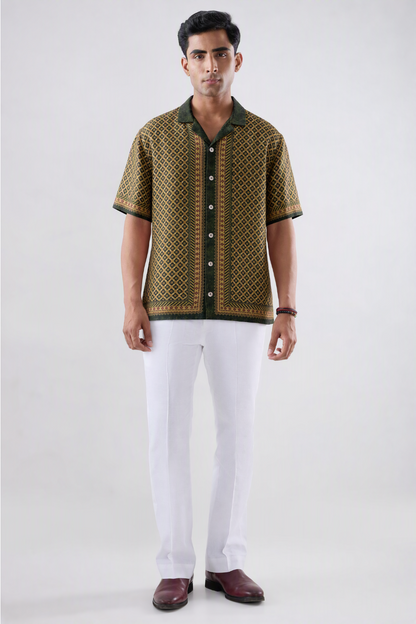 Olive Green Mosaic Silk Cuban Collar Shirt