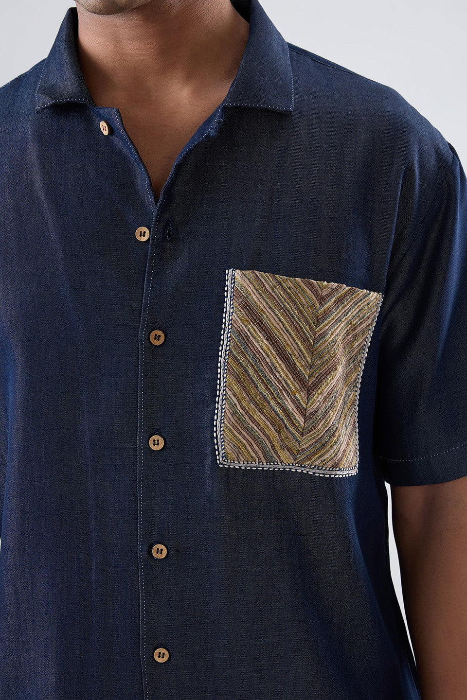 Dark Blue Denim Earth Patchwork Shirt