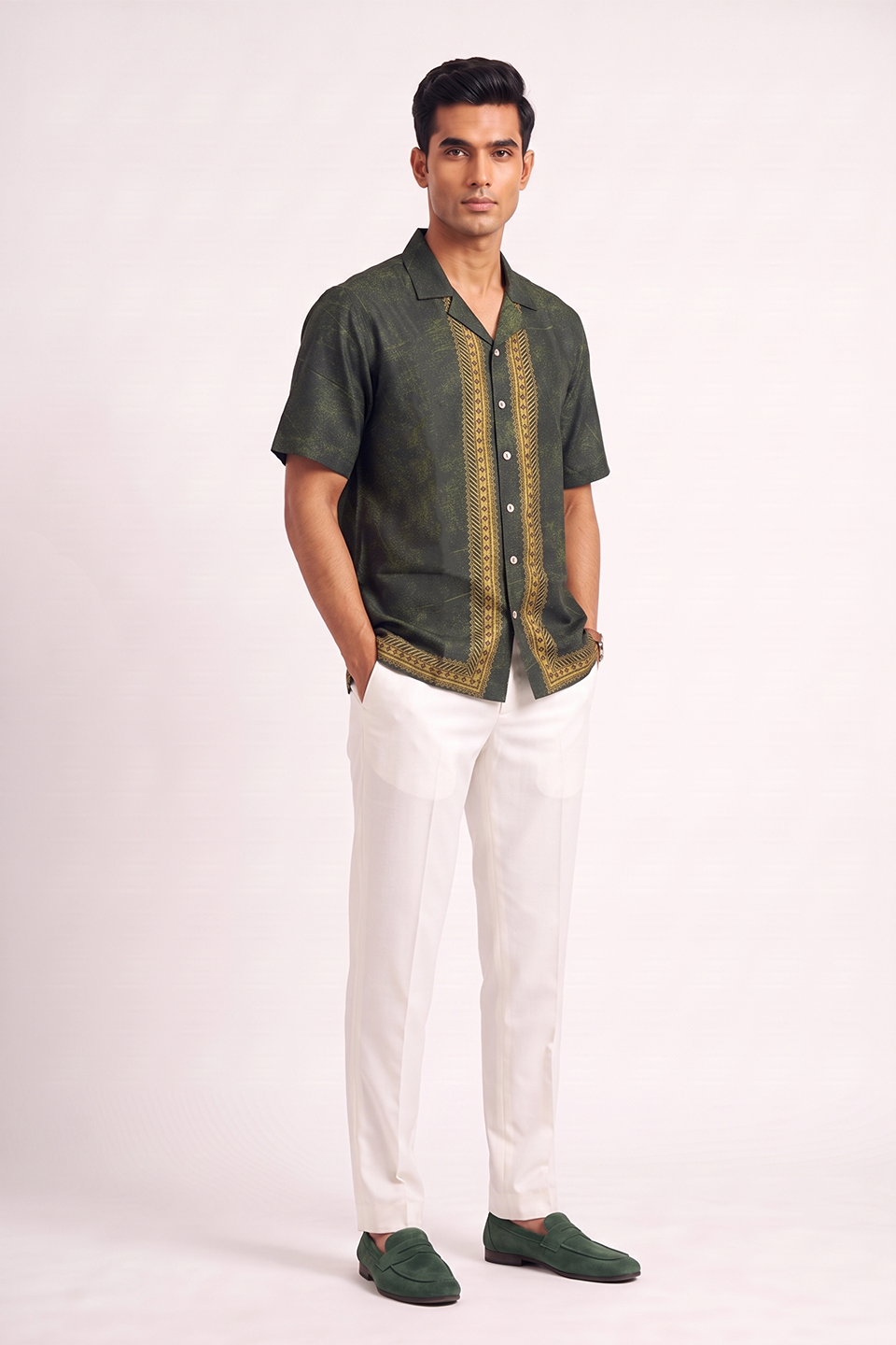 Olive Green Regal Silk Cuban Collar Shirt