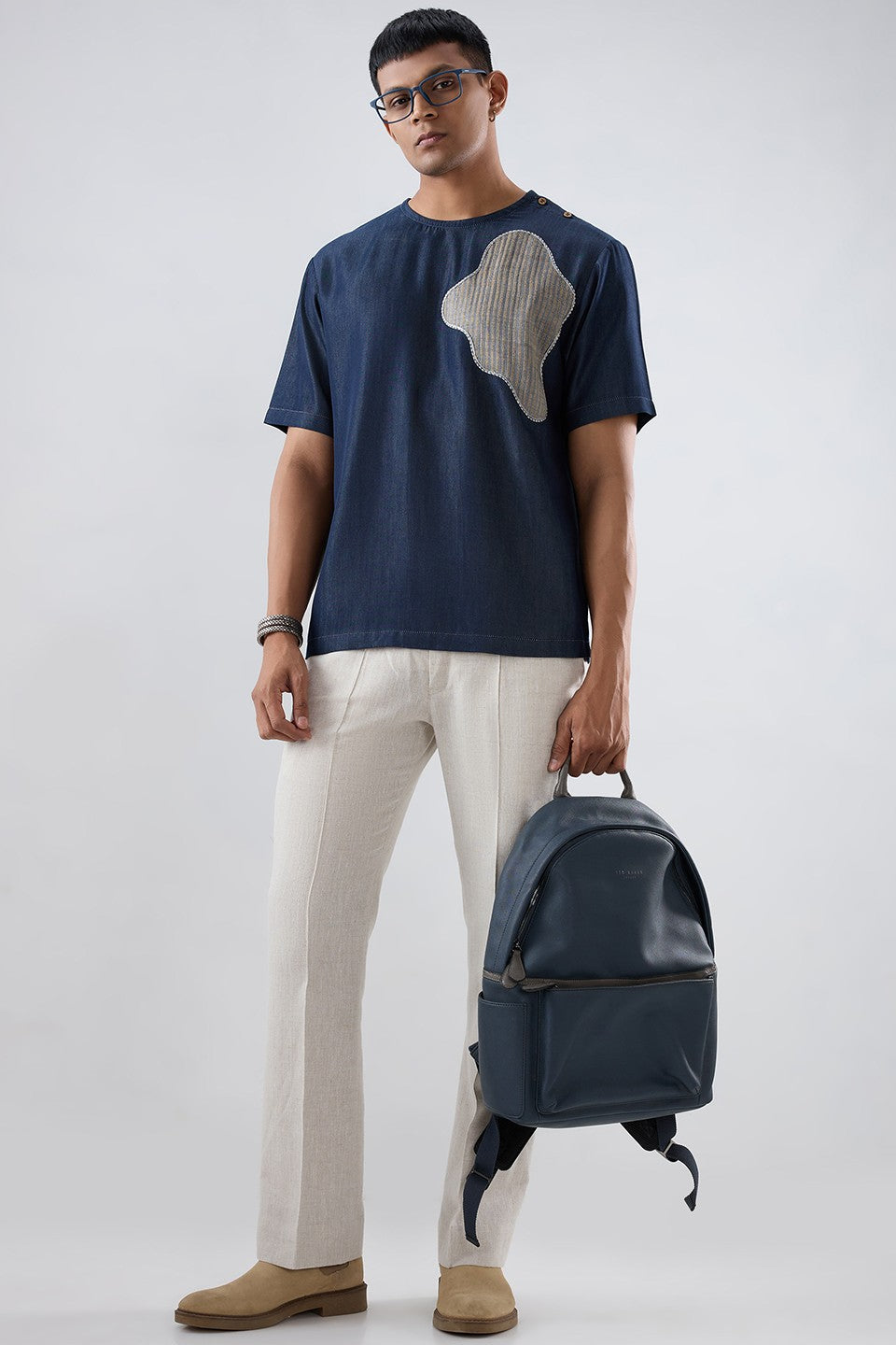 Dark Blue Denim Abstract Patchwork T-shirt
