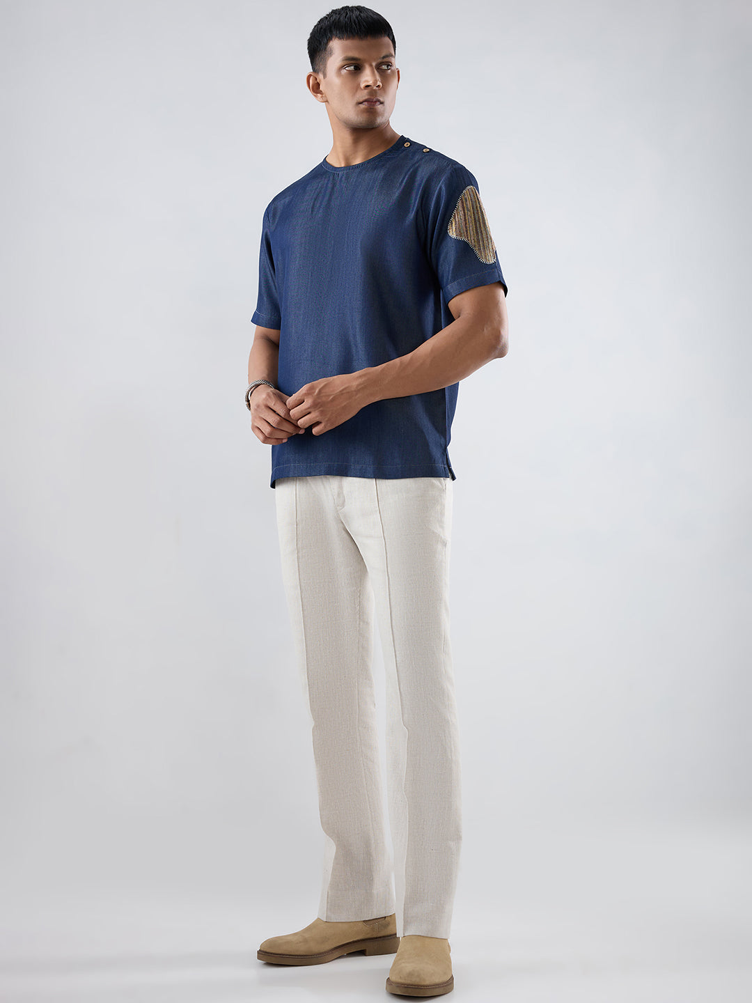 Dark Blue Denim Artisanal Patchwork T-shirt