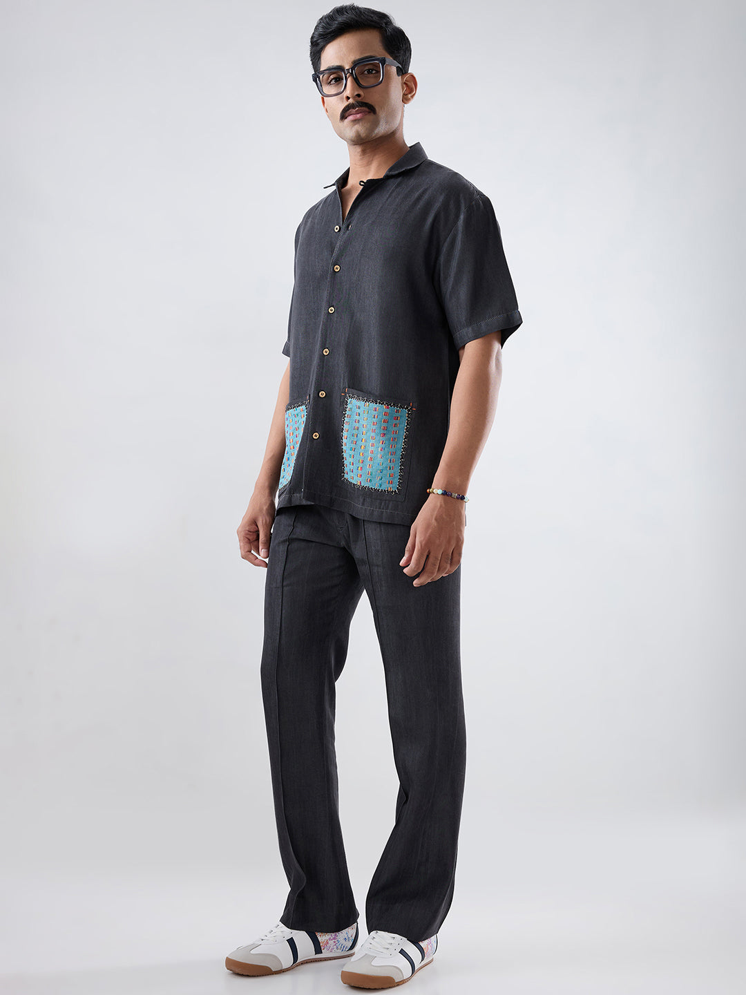 Black Denim Pocket Patchwork Shirt