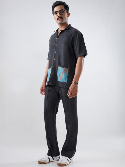 Black Denim Pocket Patchwork Shirt