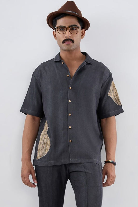Black Denim Artisanal Patchwork Shirt