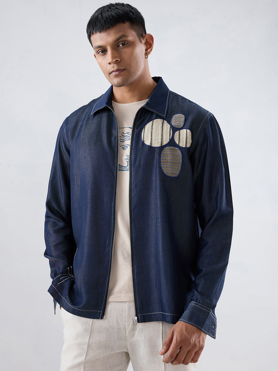 Dark Blue Denim Urban Nomad Zipper Patchwork Shacket