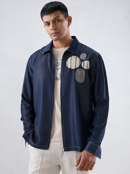 Dark Blue Denim Urban Nomad Zipper Patchwork Shacket