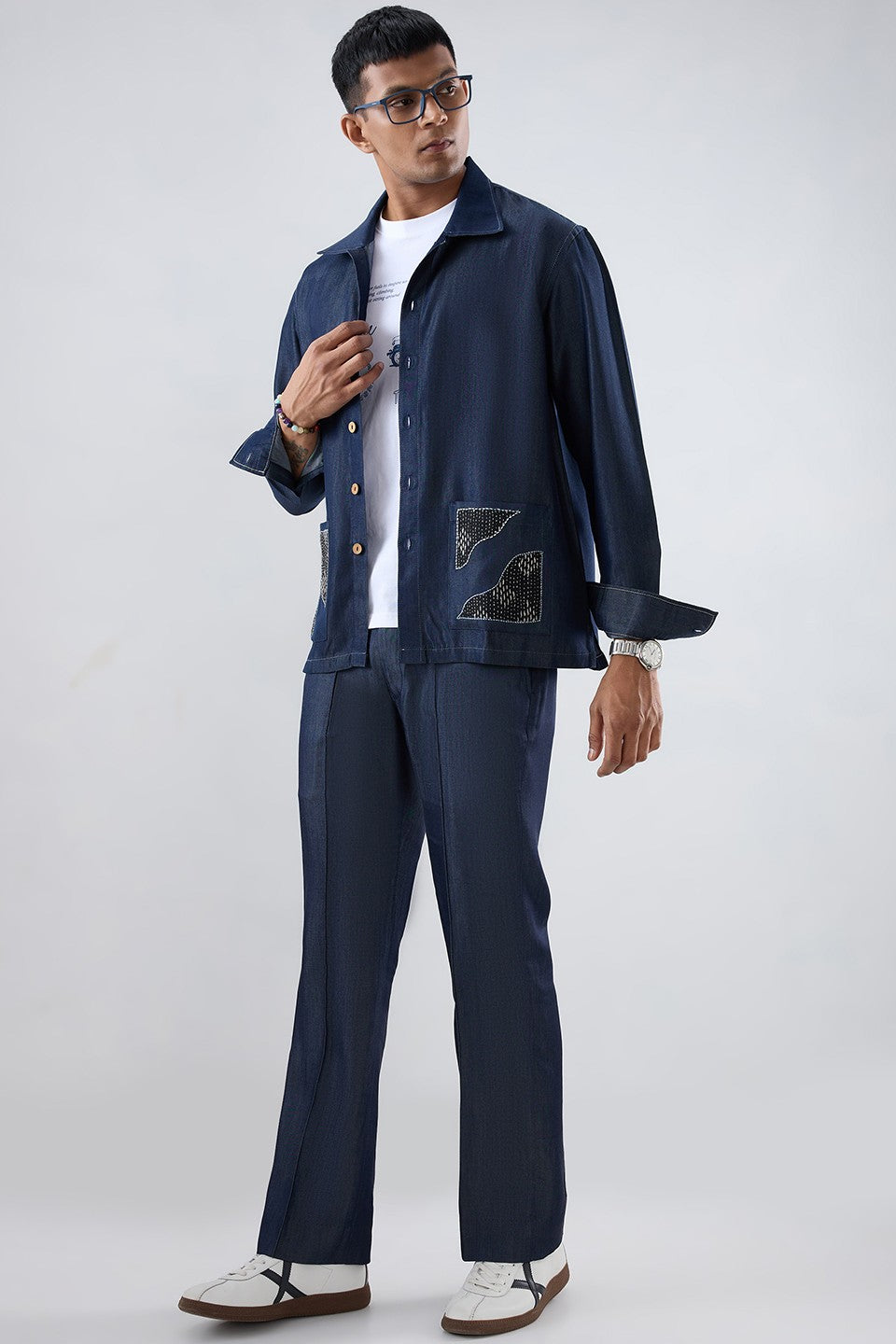 Dark Blue Denim Artisanal Kantha Patchwork Shacket