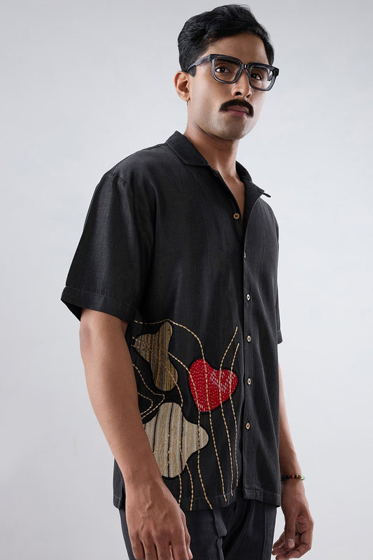 Black Denim Rust Panel Patchwork Shirt