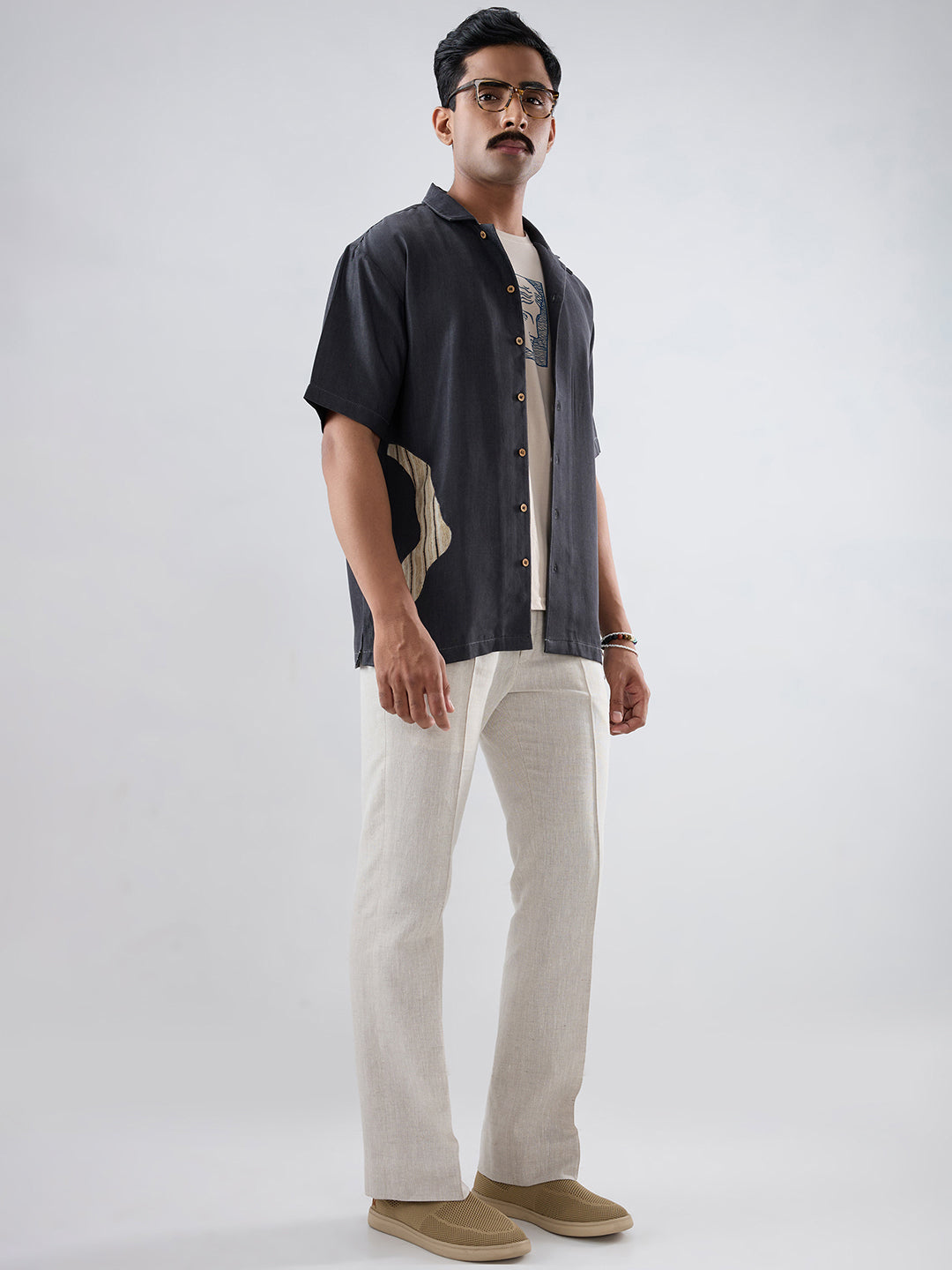 Black Denim Asymmetric Patchwork Shirt