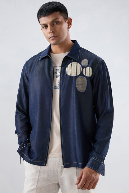 Dark Blue Denim Urban Nomad Zipper Patchwork Shacket