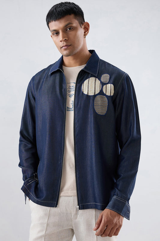 Dark Blue Denim Urban Nomad Zipper Patchwork Shacket