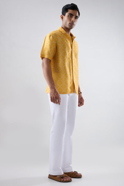Yellow Bandhani Cuban Collar Shirt