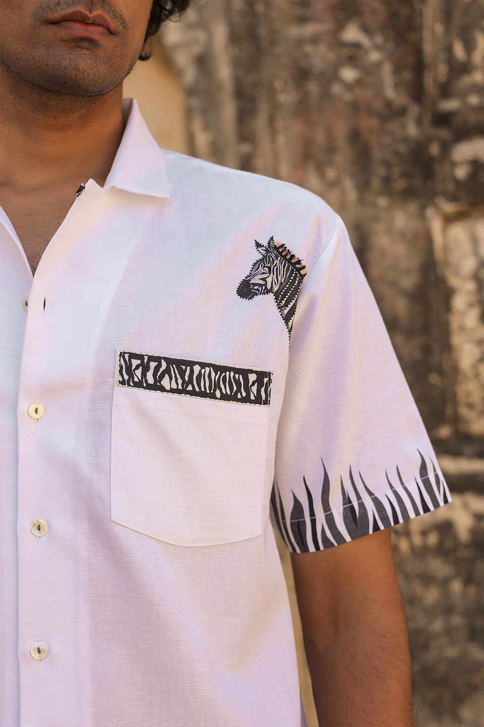 Ivory Embroidered Cuban Collar Shirt Zebra