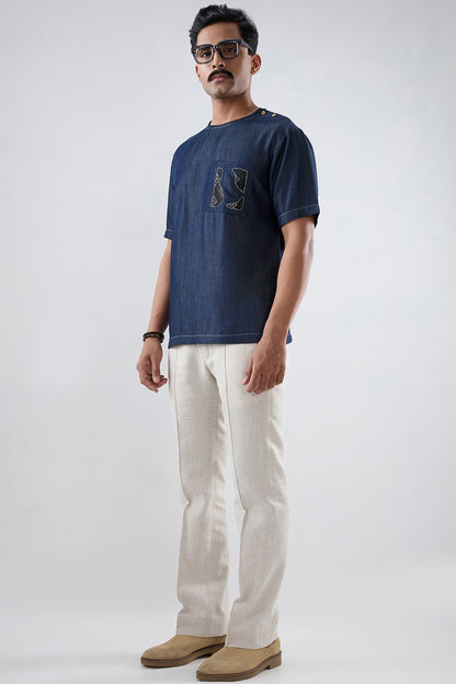 Dark Blue Denim Kantha Patch Pocket T-shirt