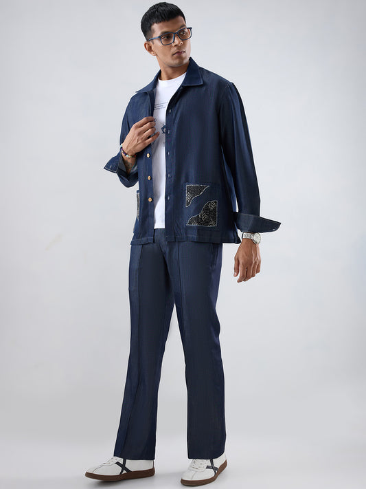 Dark Blue Denim Artisanal Kantha Patchwork Shacket