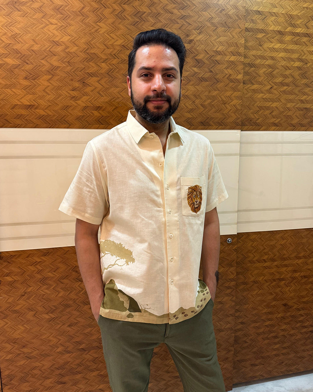 Yellow Embroidered Cuban Collar Shirt Lion