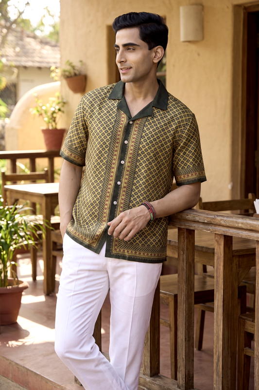 Olive Green Mosaic Silk Cuban Collar Shirt