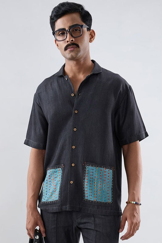 Black Denim Pocket Patchwork Shirt