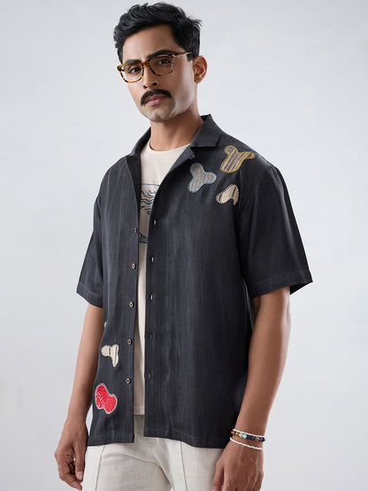 Black Denim Grid Patchwork Shirt