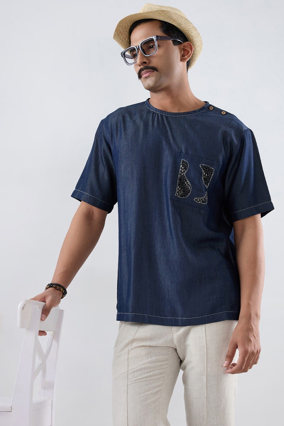 Dark Blue Denim Kantha Patch Pocket T-shirt