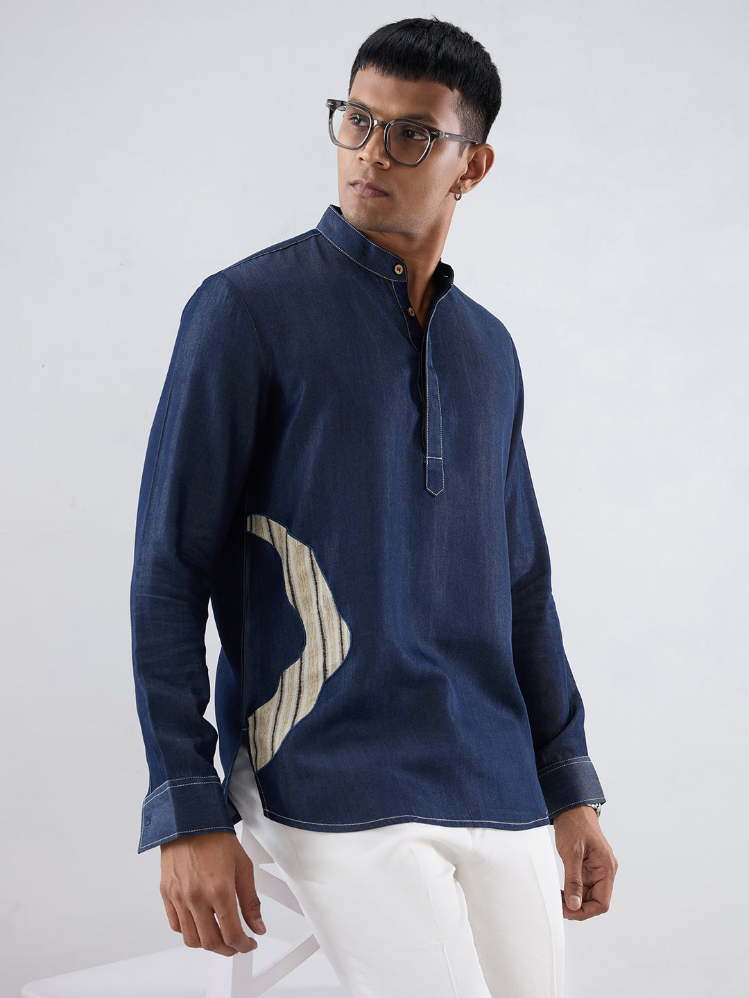Dark Blue Denim Asymmetric Patchwork Kurta Shirt
