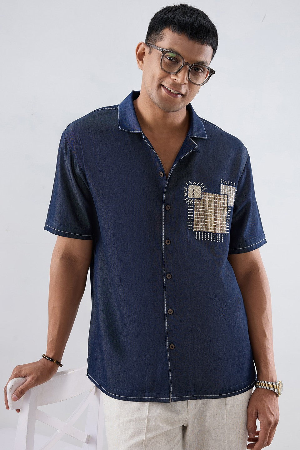 Dark Blue Denim Midnight Mosaic Patchwork Shirt