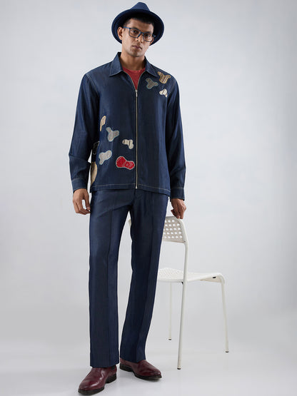 Dark Blue Denim Grid Zipper Patchwork Shacket